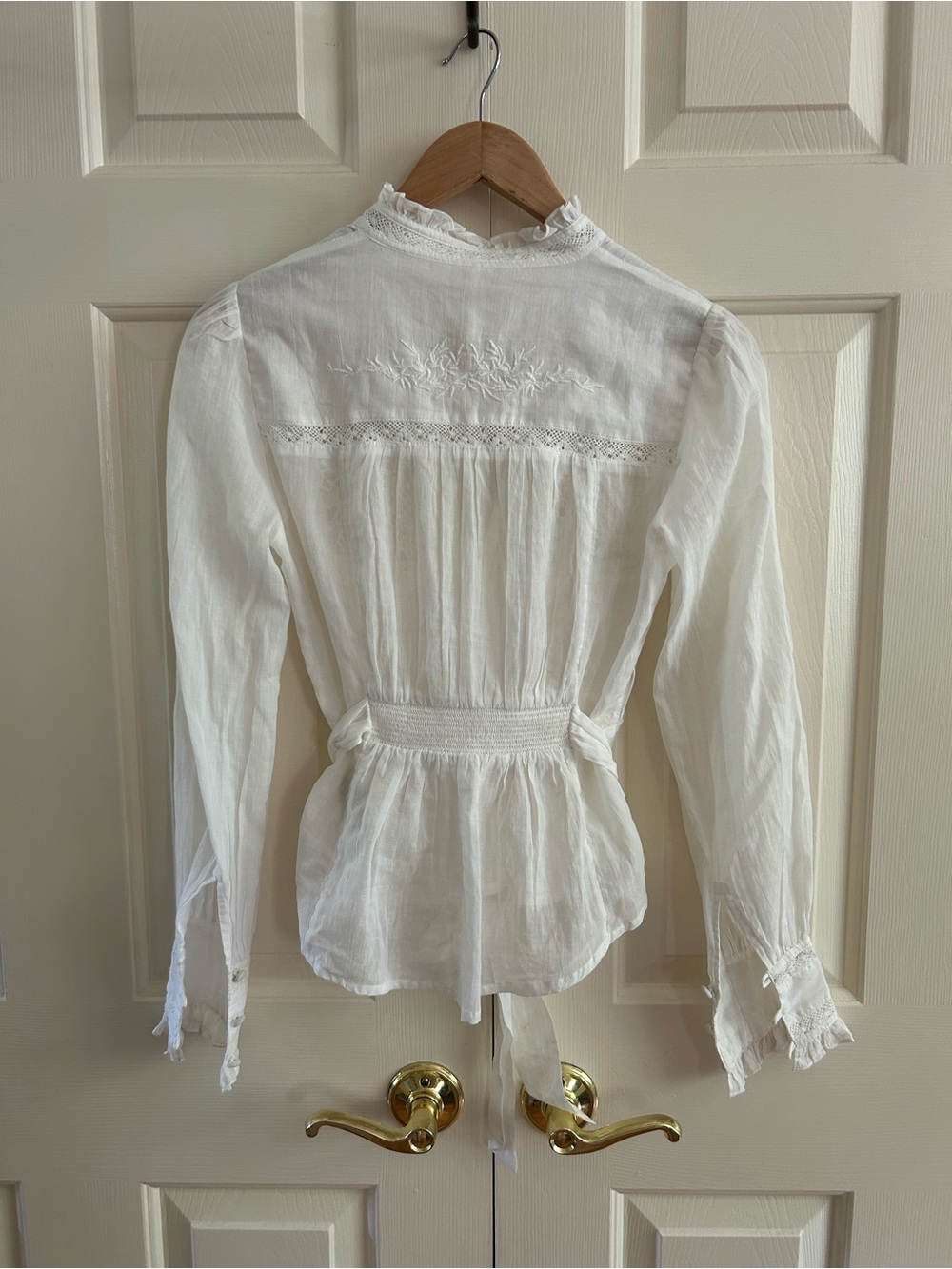 Free People White Lace-Trimmed Tie-Waist Women's Blouse - Picture 6 of 6